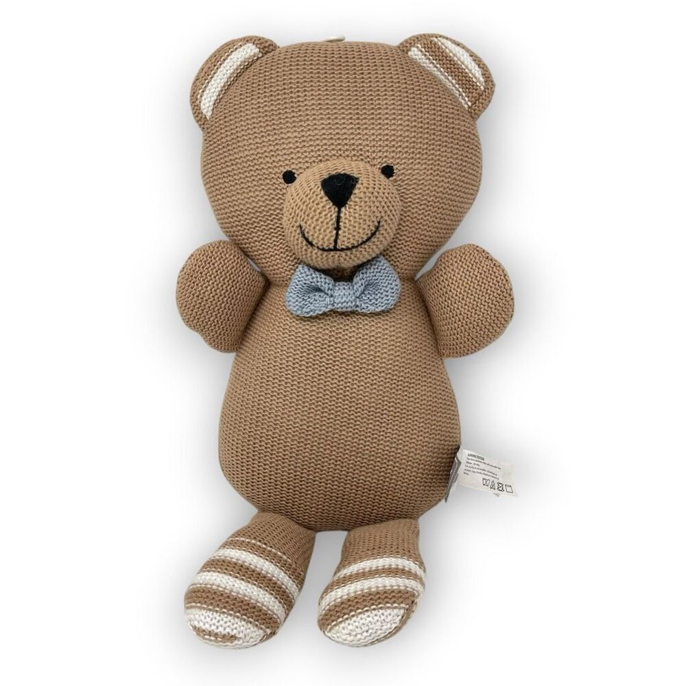 Living Textiles Australia Brady Bear Knitted Stuffed Plush Animal Rattle Bow